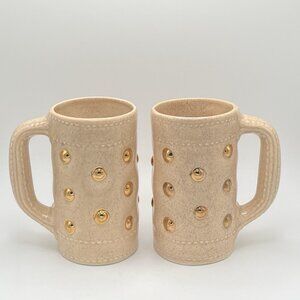 Vintage CA Nelson Kalen Studio Pottery Set Of 2 Coffee Mugs Beige Gold Dot Tuft